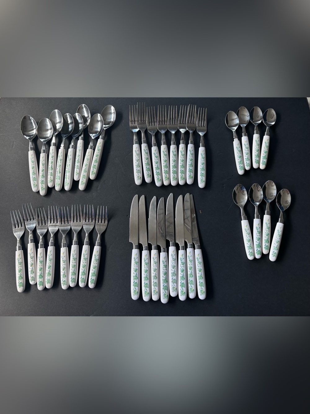 Corelle White Ivy Green Flatware Set 0f 8 total 40 Pieces.